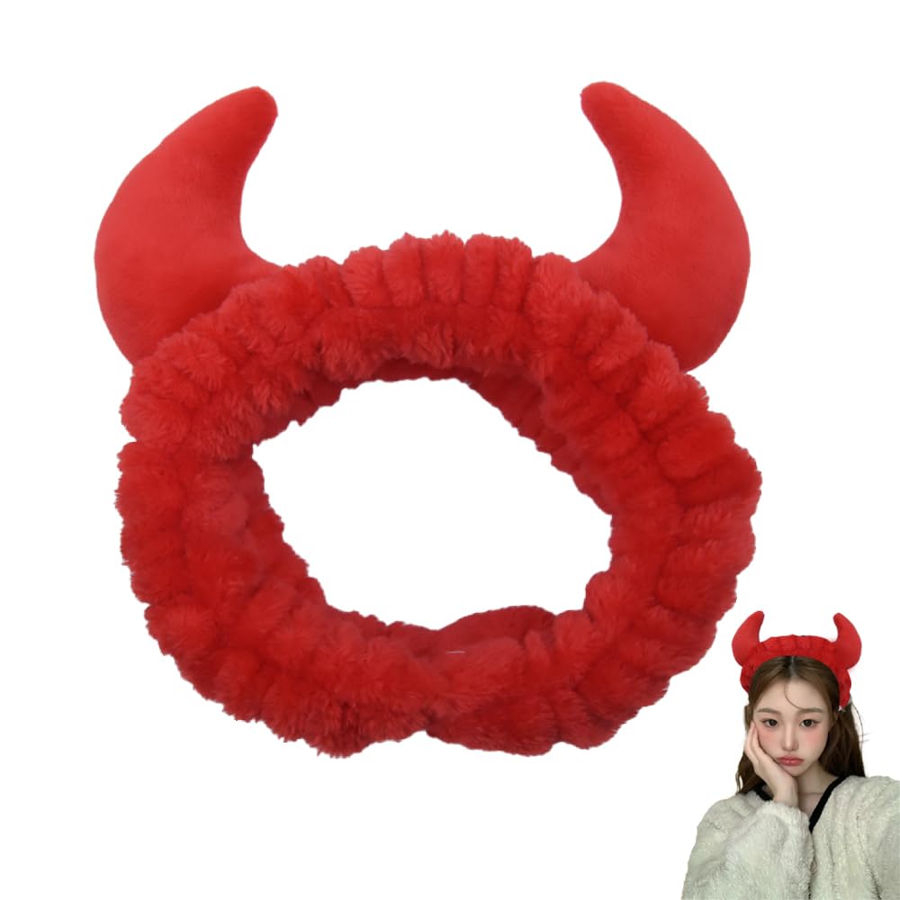 Guqqeuc Red Devil Horns Headband for Women Shower Head band for Washing Face Halloween Makeup Hair Band for Halloween Costume Accessories for Women Halloween Hair Accessories