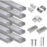 hunhun 10-Pack 3.3ft/1Meter U Shape LED Aluminum Channel System with Milky Cover, End Caps and Mounting Clips, Aluminum Profile for LED Strip Light Installations, Very Easy Installation