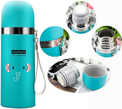 Cisixin 500ml Animal Insulation Cup Stainless Steel Water Bottle Cute Kinds cups Coffee Travel School Vacuum Bottle with Lanyard - Blue Elephant
