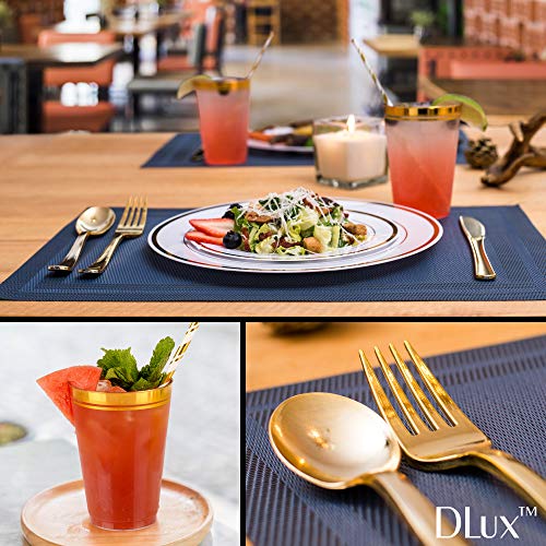 Gold Plastic Dinner Plates Disposable Dinnerware Set for 25 Guests | 12 oz Rimmed Cups & Straws | Cocktail Recipe eBook | 175 Pieces [25 Forks, Knives, Spoons, Cups, Salad & Dinner Plates] - Thumbnail 4