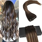 Sunny Balayage Clip in Hair Extensions 14inch 9pcs 140g Full Head Human Hair Chestnut Brown mixed Darkest Brown Dip-Dye Clip in Hair Extension