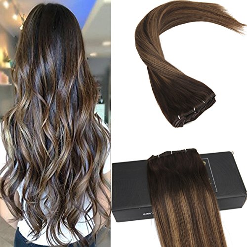Sunny Balayage Clip in Hair Extensions Remy Human Hair 14inch 9pcs 140g Full Head Highlight Chestnut Brown mixed Dark Brown Dip-Dye Clip in Hair Extension