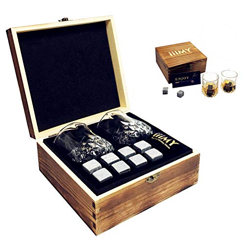 Whisky Stones and Glasses Gift Set, Cyrstal Old Fashioned Whisky Glasses Set of 2, Whisky Chilling Rocks in Handmade Wooden Box- Cool Drinks Without Dilution, Christmas Gift, Birthday Present - iiiMY