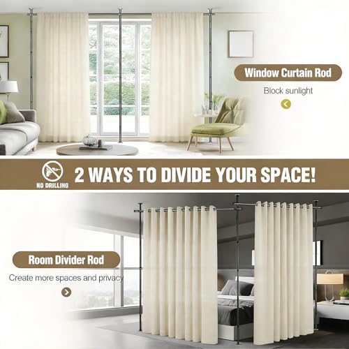 Room Divider Curtain Rod, Heavy Duty No Drilling Room Separation Rods, Floor to Wall Ceiling Tension Separator Privacy Space Partition Rods, Black Adjustable 122-305Cm(H), 70-324Cm(W)