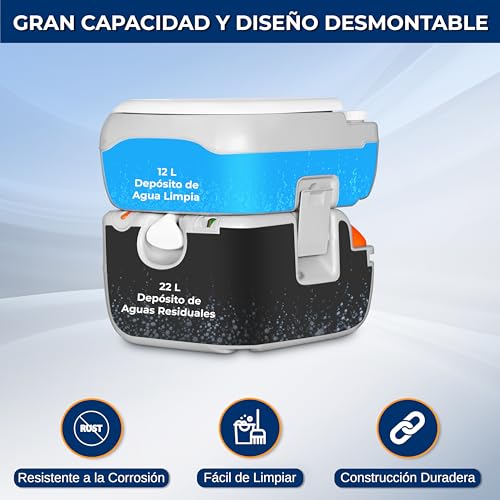 SereneLife Inodoro Portátil de 22 Litros, Toilette a Prueba de Fugas con Tanque Desmontable, Sistema de Descarga, Indicador de Nivel, Bolsa de Transporte y Pulverizador para Camping