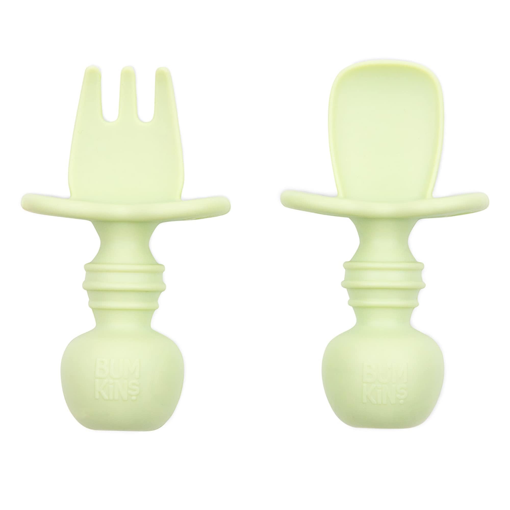 Bumkins Silicone Chewtensils, Training Utensils, Baby Led Weaning, 6 Months+, Spoon and Fork Pair - Sage Green — image 1