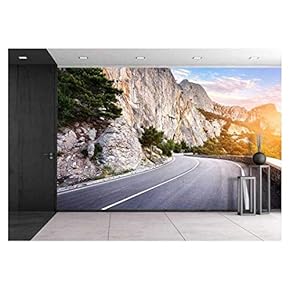 Asphalt Road in Summer Forest at Sunset. Crimean Mountains - Removable Wall Mural | Self-Adhesive Large Wallpaper - 66x96 inches