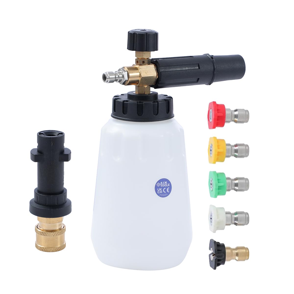 Aim Tools Foam Cannon Compatible with Karcher K2 K3 K4 K5 K6 K7 Pressure Washer, with 5 Nozzle Tips, 1/4 Inch Quick Connector, 1L Snow Foam Lance High Pressure Washer Jet Wash Soap Dispenser Bottle