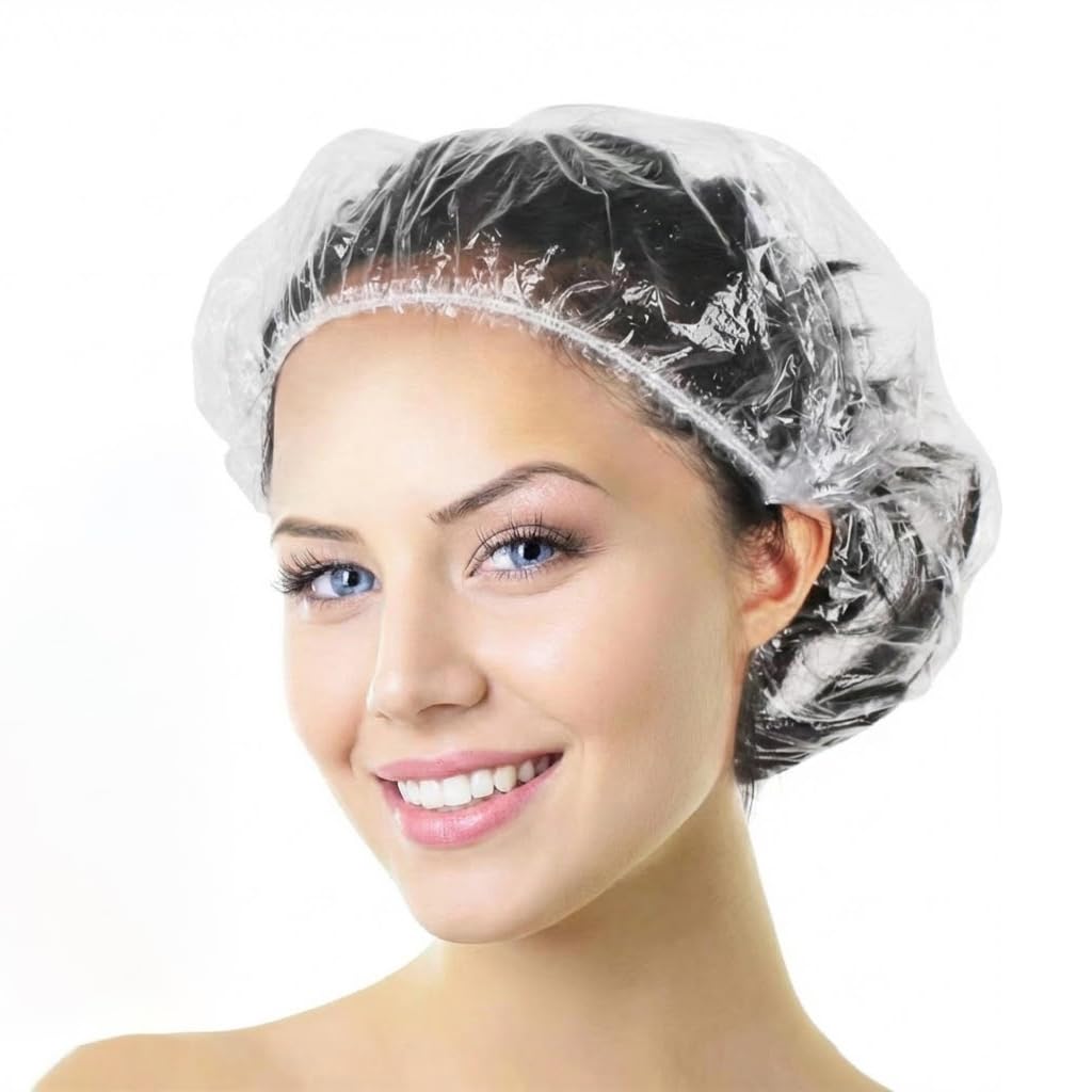 Aquior Shower Cap Disposable, 50 PCS Bath Caps Large Thick Clear Waterproof Plastic Elastic Hair Bath Caps for Women Kids Girls, Travel Spa, Hotel and Hair Solon, Home Use