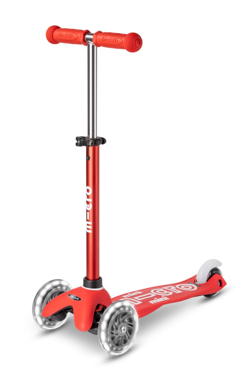 Micro Scooters | Mini Micro Deluxe LED Children's Scooter | Extra Grippy Deck | Weather Tested Stem | Remove & Fold Handlebar | Light Up Wheels | 2-5yrs | Boys & Girls | Red