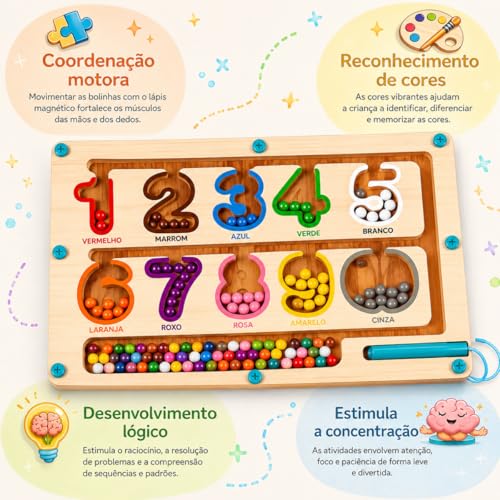 Labirinto Magnético de Madeira Infantil com Cores e Números – Brinquedo Educativo com Caneta Magnética – Coordenação Motora e Reconhecimento de Cores Montisessorial