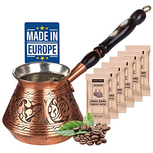 Turkish Coffee Pot, 580ml Handmade Turkish Coffee Maker, Arabic, Greek Coffee Pot, Thickest Solid Hammered Engraved Copper Cezve with Wooden Handle, Butter Melting and Sauce Pot, Milk Warmer
