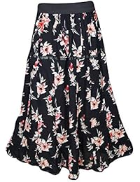 Women's Boho Maxi Skirts Black Floral Printed Rayon Long Skirt S/M