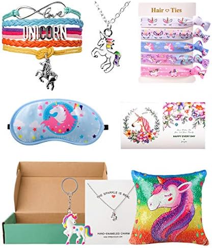 Unicorn Gifts for Girls, Unicorn Combo, Unicorn Throw Pillow Eye Mask Necklace Bracelet Wristband Keychain Hair Tie Gift Box Set, [Style 1]