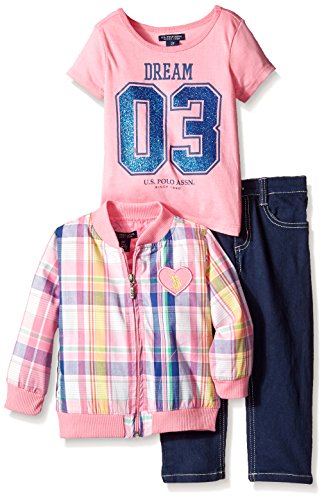 U.S. POLO ASSN. Little Girls' Bomber Jacket Graphic T-Shirt and Denim Jean, Pink Lemonade, 4T