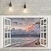 DNVEN Window Grey Dark Sky Beachside False Faux Window Frame Murals 3D Full Color Vinyl Bedroom Living Room Playrooms Wall Decals Stickers 24 inches x 16 inches