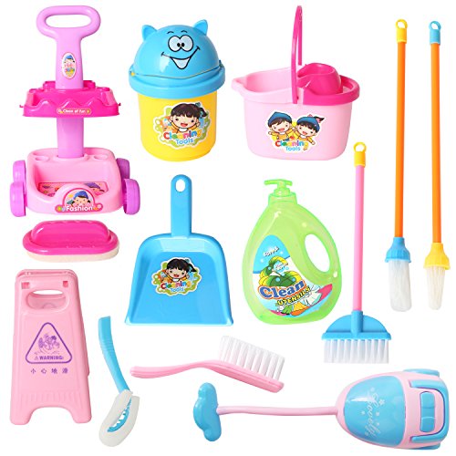 13 Piece 9.5" Mini Cleaning Cart Playset Household Appliances Tools Pretend Play Set Vacuum Cleaner Cleaning Trolley for Kids Cleaning Supplies Toys Broom, Mops, Brushes, Caution Sign(No.666-86)