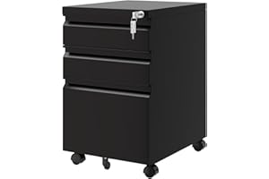 LISSIMO 3 Drawer File Cabinet with Lock, Rolling Mobile Filing Cabinet with 5 Wheels, Vertical File Cabinets for A4, Letter S