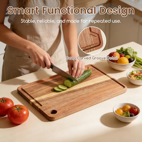 Acacia Wood Cutting Board Set of 2 for Kitchen – Natural Wooden Cutting Boards with Deep Juice Groove, Food Safe Hardwood, Large & Small Sizes (38x25cm & 30x20cm)
