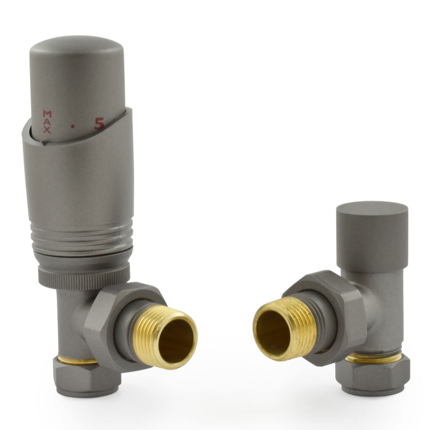 Hot Flow Matte Metallic Grey Cascade Angled Modern TRV Thermostatic Radiator Valve (Pair) Includes Angled TRV Body & One Lock Shield for Quick & Easy Temperature Control. Perfect for Energy Saving.