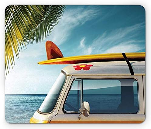 Surfboard Mouse Pad, Vintage Van in The Beach with a Surfboard on The Roof Journey Spring Sky Season, Standard Size Rectangle Non-Slip Rubber Mousepad, Multicolor