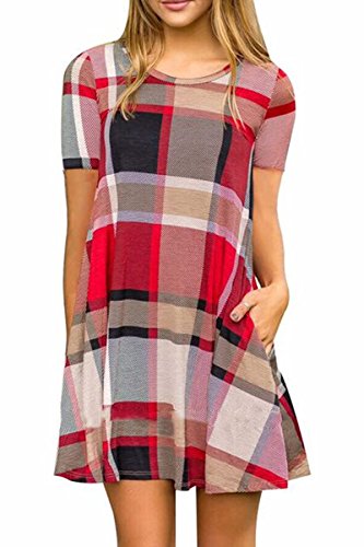 Sunfury Womens Color Block Short Sleeve Swing Dress Casual Buffalo Plaid Tunic Red S