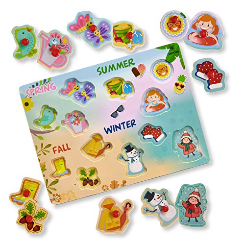 Wooden Peg Puzzle, 4 Seasons - Learning Educational Pegged Puzzle for Toddler & Kids (12 pcs) Gleeporte