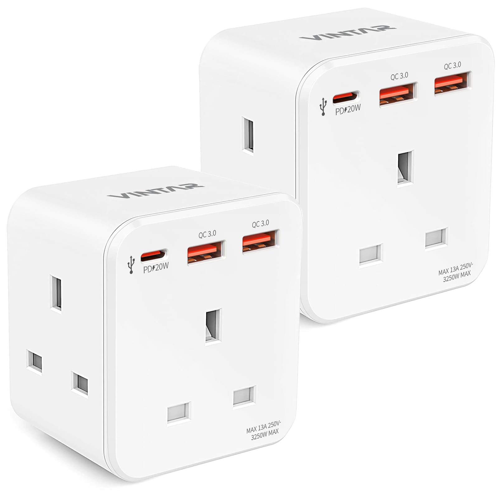 Multi Plug Adaptor with PD 20W Fast Charge USB C and 2 USB A, VINTAR 3 Way Adapter Plug UK Extension Socket, 13A Double Plug adapter UK for Bedroom, Office, Kitchen, White 2-pack