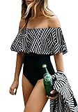Dellytop Women's Beach Vintage One Piece Off Shoulder Floral Bathsuit Swimwear Bikini,Black,Large