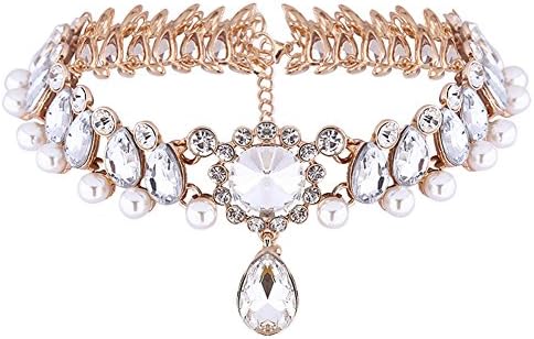 JuanYa Women Elegant Faux Pearl Drop Crystal Rhinestone Collar Choker Vintage Statement Necklace