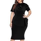 WanMem Plus Size Dress for Curvy Women Semi Formal Cocktail Party Midi Dress Bodycon Short Sleeve Bow Ruffle Pencil Dresses