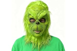 casapre Deluxe Green Monster Mask with Plush Fur, Adult Size Christmas Holiday Costume, Latex Material, Full Face Coverage