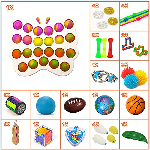 Sensory Toys Set, 34pcs Relieves Stress and Anxiety Fidget Toy for Children Adults, Hand Toys, Soybean Squeeze, Flippy Chain, Sensory Rings, Marble and Mesh, Party Toys, Toy with Storage Box