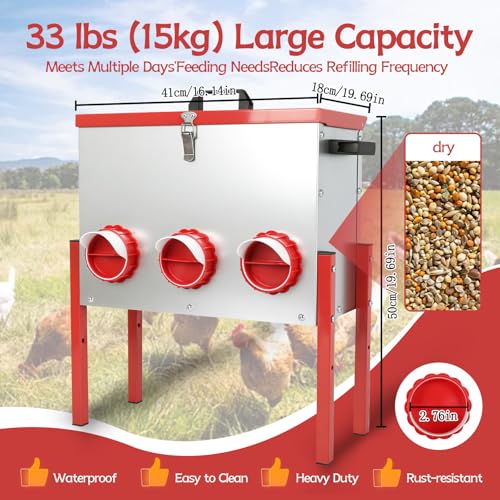 Automatic Chicken Feeder Large Capacity 15kg (33lbs) Rat Proof Chicken Feeder with 6 Feeding Holes for Duck/Geese Breeding Chicken Coop