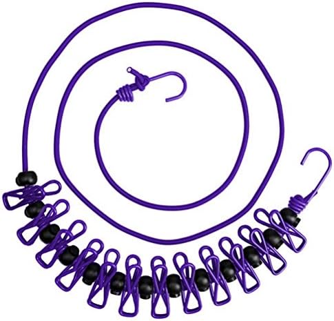 Portable Travel Adjustable Clothespins Outdoor and Indoor Use Best Fasten Hanger Anti-skid Elastic With 12 Clothespins (Purple)