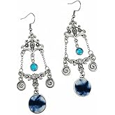 RWXXYHM Vintage Palace Style Dangle Earrings, Antique Silver, Metal with Blue Tie-Dye Fabric Medallions, Spiral Charms, Handmade