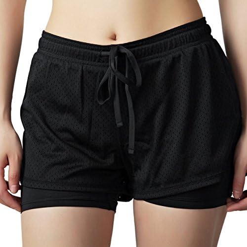 VIIOO Women's Spring Summer 2-In-1 Running Yoga Hip Slimming Shorts (Black, M)