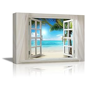 Wall26Glimpse into Sunshine and White Beach Out of Open Window Canvas Wall Art Stretched Canvas Prints - 24" x 36"
