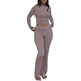 AYWA Women's 2 Piece Outfits Foldover Flare Pants Long Sleeve Crew Neck T-shirt Fitted Pajama Sets