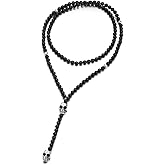 Gothic Style Mens Womens Black Onyx Beads Y Chain Necklace with Stainless Steel Skull