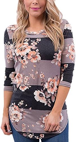 Assivia Women Floral Print 3 4 Sleeve T-Shirts Casual Striped Blouse Tops