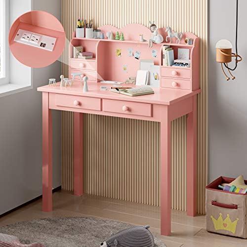 ADORNEVE Small Pink Writing Desk with Power Strip & 2Outlet & 2 USB