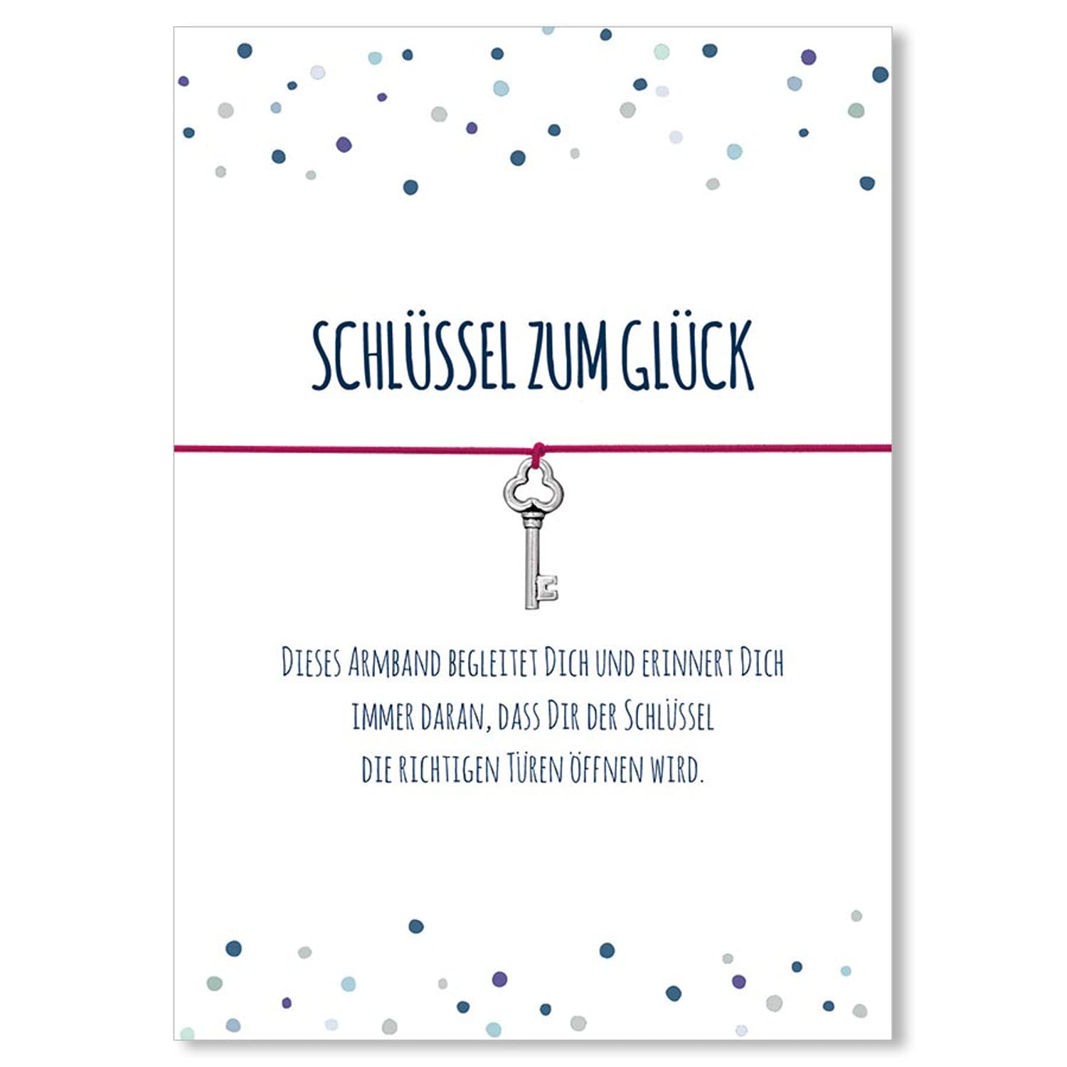 Lucky SCHLÜSSEL ZUM GLÜCK [Key to Good Luck] Bracelet with Key Pendant, Silver-Plated, Elastic Textile Band in Various Colours and with Card [German Language Product] Pink