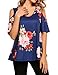 Sherosa Women's Floral Print Cut Out Shoulder Short Sleeve T Shirt Tops Blouse (XL, Blue)
