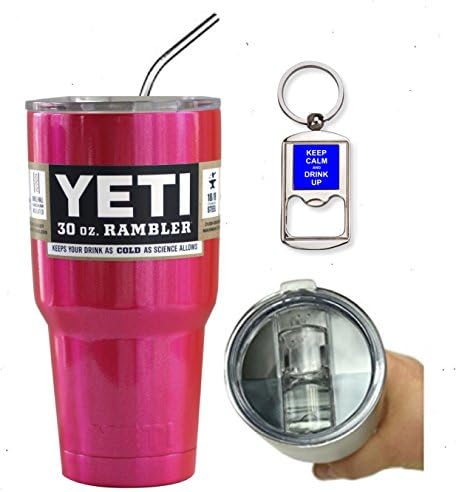 YETI Custom 30 oz (30oz) Insulated Rambler Travel Tumbler Cup Mug Bundle (Includes Spill Proof Slider Lid, Bottle Opener Keychain and Stainless Steel Straw) (Pink Glitter)
