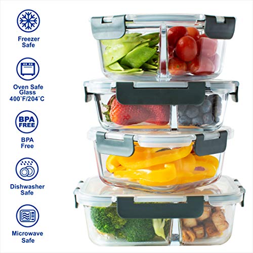 Orii GFS6608 4 piece 4pc Glass Food Storage Compartment Containers with Lids, Multiple, Charcoal Grey