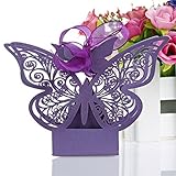 Kangnice 50Pcs Butterfly Laser Cut Party Sweet Wedding Favor Candy Gift Boxes With Ribbon (Purple)