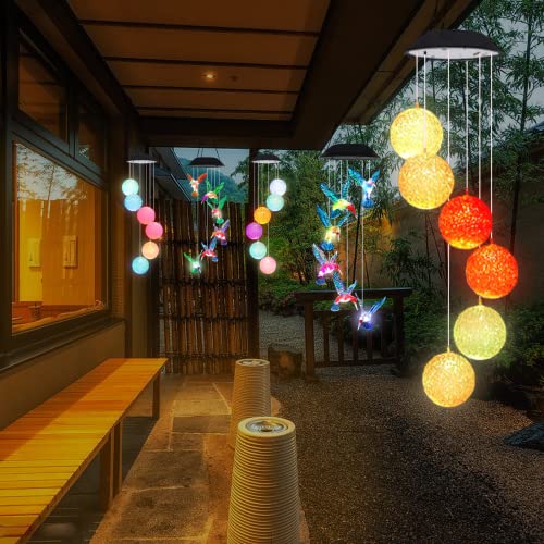 Hummingbird Solar Wind Chimes,2PC LED Memorial Wind Chimes,31Inch Solar Hummingbird and Crystal Ball Wind Chimes with Color Changing Lights, Best Gifts for Family, Garden/Patio Decor (Multicolor)