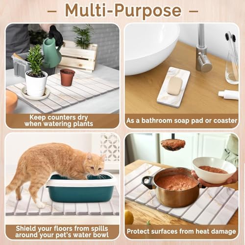 2 PCS Large Stone Dish Drying Mat for Kitchen Counter,Quick Dry Stone Dishes Mats,Marbled Water Absorbing Diatomaceous Earth Drying Pad for Countertop Bottles Utensils Cups( 40*60*cm+10*20cm)