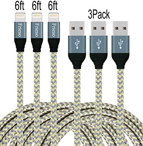Frieso 3Pack 6ft Nylon Braided Lightning to USB Charging Cable for IPhone 8/8plus, iPhone X,iPhone 7,7plus 6s 6 Plus 5s 5c 5,iPhone SE, iPad(Gold Gray)